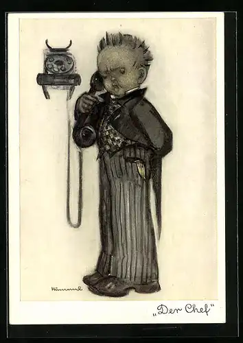 Künstler-AK Hummel: Junge im Anzug hält einen Telefonhörer in der Hand, Der Chef