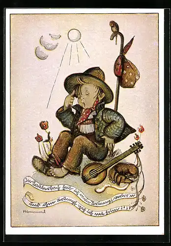 Künstler-AK Hummel: Junge verliert bei seiner Wanderung einen Strumpf