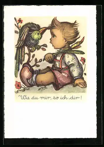 Künstler-AK Hummel: Vogel zieht an den Haaren des kleinen Jungen, Wie du mir, so ich dir!