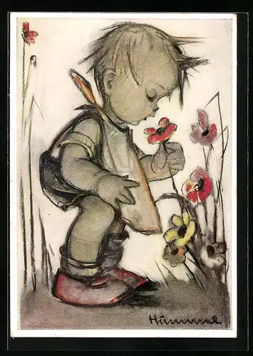 Künstler-AK Hummel: Kleinkind schnuppert an einer Blume