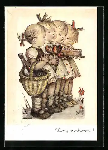 Künstler-AK Hummel: Mädchen gratulieren mit Blumen und Torte, Wir gratulieren!
