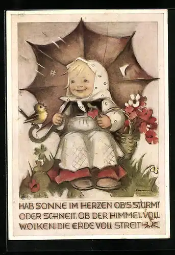 Künstler-AK Hummel: Mädchen sitzt lächelnd unter dem Regenschirm und betrachtet einen Vogel