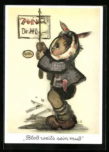 Künstler-AK Hummel: Junge mit Zahnschmerzen klingelt beim Zahnarzt