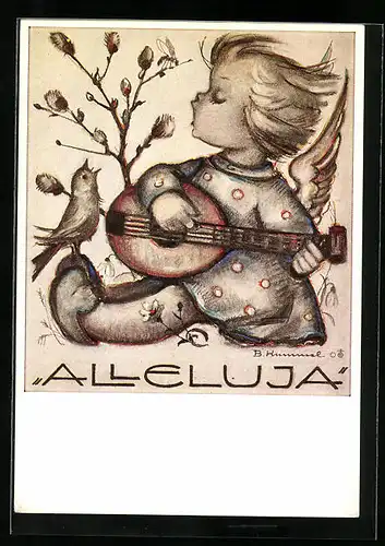 Künstler-AK Hummel: Mädchen spielt auf der Gitarre und der Vogel singt dazu