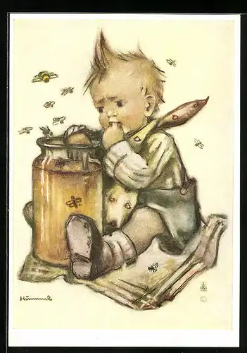 Künstler-AK Hummel: Junge nascht vom Honig
