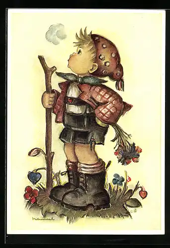 Künstler-AK Hummel: Kleiner Junge mit Blumen in der Hand, Hänschen will gratulieren