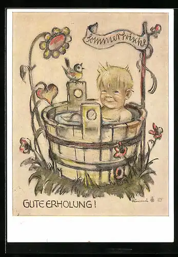 Künstler-AK Hummel: Junge sitzt im Badezuber, Gute Erholung