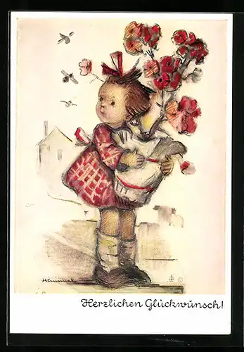 Künstler-AK Hummel: Mädchen gratuliert mit Blumen, Herzlichen Glückwunsch