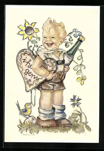 Künstler-AK Hummel: Lachender Junge mit Lebkuchenherz
