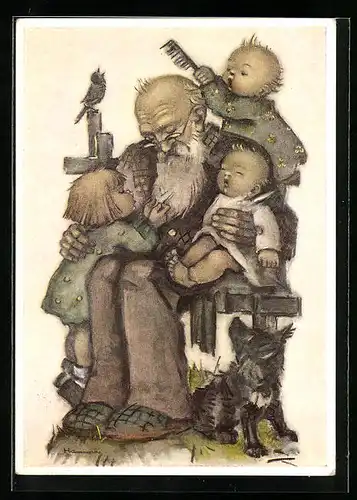 Künstler-AK Hummel: Kinder frisieren den schlafenden Grossvater