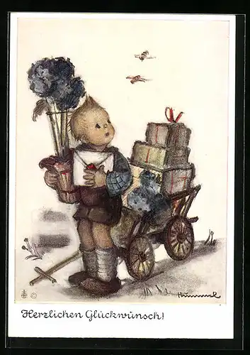 Künstler-AK Hummel: Junge bringt mit seinem Wägelchen Blumen und Geschenke, Herzlichen Glückwunsch!