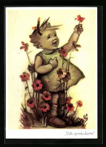 Künstler-AK Hummel: Mädchen pflückt Blumen auf der Wiese