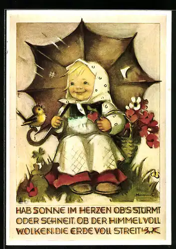 Künstler-AK Hummel: Mädchen sitzt lächelnd unter einem Regenschirm und betrachtet einen Vogel