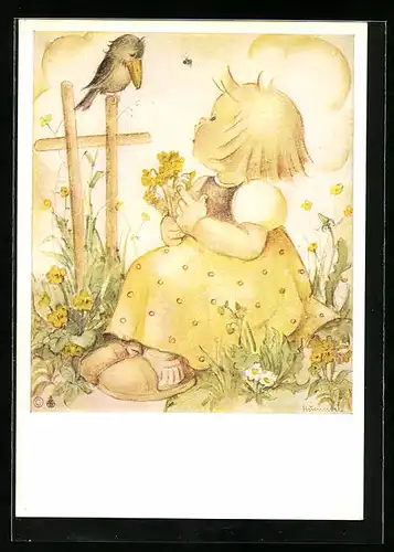 Künstler-AK Hummel: Mädchen sitzt auf der Wiese und betrachtet einen Vogel