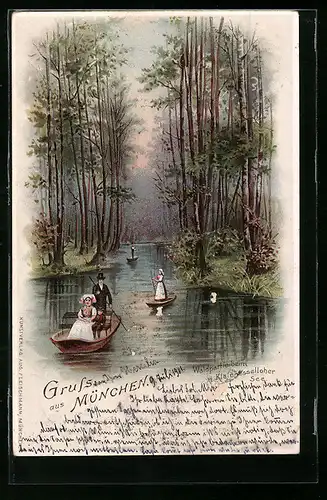Lithographie München, Paar in Spreewälder Tracht bei einer Ruderpartie auf dem Kleinhesseloher See