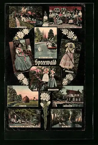 AK Lübbenau / Spreewald, Frauen in Spreewälder Tracht, Spinnstube in Burg, Partie bei Lehde, Burger Kanal