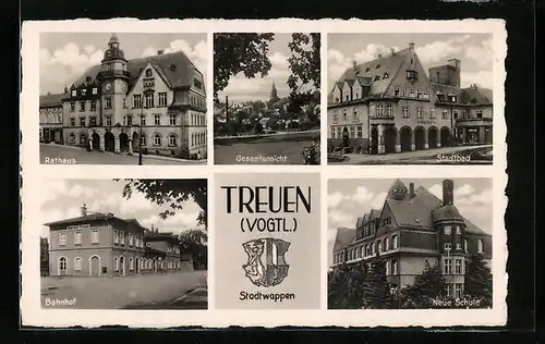AK Treuen / Vogtl., Rathaus, Bahnhof, Stadtbad, Neue Schule und Gesamtansicht, Stadtwappen