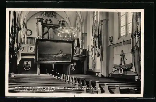 AK Wilhelmshaven, Marine-Gedächtniskirche (Ev. Garnisonkirche), Rückansicht mit Niobe-Denkmal