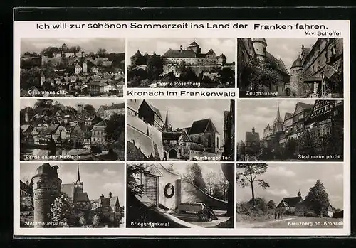 AK Kronach, Gesamtansicht, Stadtmauer, Kriegerdenkmal, Zeughaushof, Veste Rosenberg, Kreuzberg