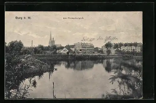 AK Burg b. M., Flickschuteich, Blick zur Kirche