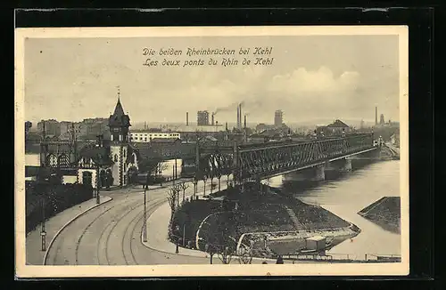 AK Kehl, Blick zu den beiden Rheinbrücken