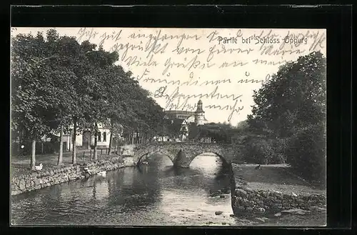 AK Oppurg / Thür., Blick zum Schloss, Flusspartie mit Brücke