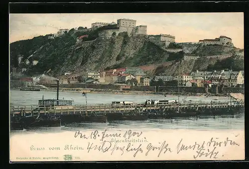 AK Koblenz, Blick zur Festung Ehrenbreitstein, Rheinpartie