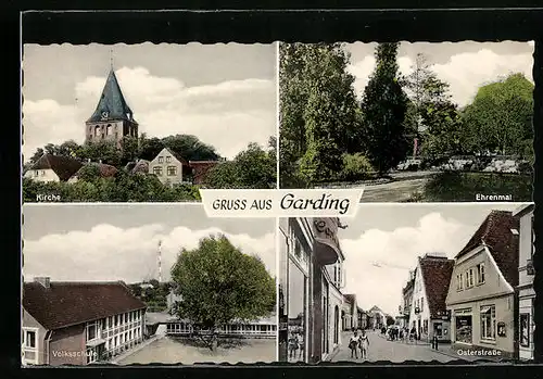 AK Garding, Ehrenmal, Kirche, Volksschule und Osterstrasse
