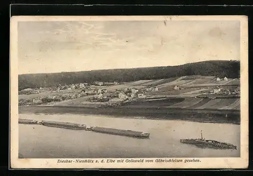 AK Nieschütz a. d. Elbe, Ortsansicht mit Golkwald vom Göhrischfelsen aus gesehen