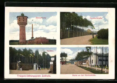 AK Zeithain, Truppenübungsplatz, Wasserturm, Funcke-Strasse, Nordtor und Planitzstrasse