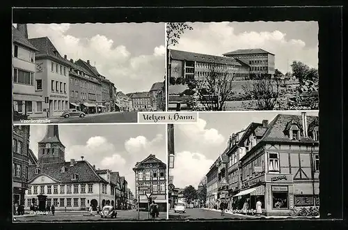 AK Uelzen i. Hann., Veersserstrasse, Rathaus, Bahnhofstrasse und Kreishaus