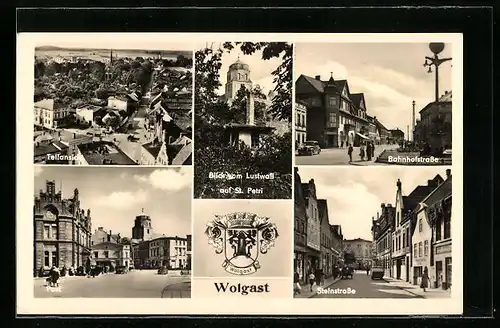 AK Wolgast, Ortsansicht, Post, Steinstrasse und Bahnhofstrasse, Blick vom Lustwall auf St. Petri, Wappen
