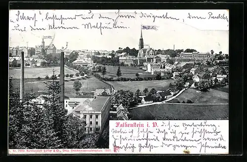 AK Falkenstein i. V., Ortsansicht mit Kirche aus der Vogelschau