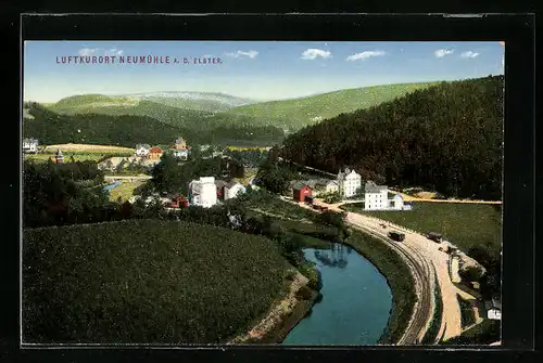AK Neumühle a. d. Elster, Ortsansicht und Flusspartie aus der Vogelschau