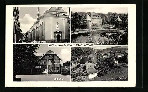 AK Neviges-Hardenberg, Gnadenkirche, Schloss Hardenberg, Bahnhof und Ortsansicht aus der Vogelschau