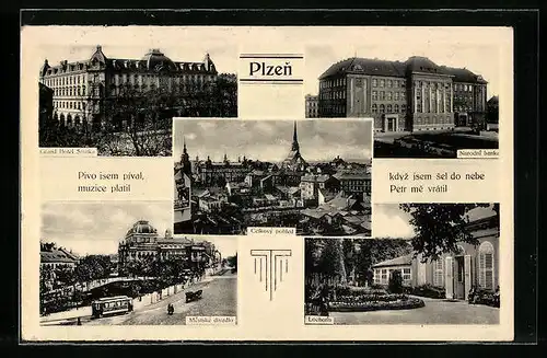 AK Plzen, Grand Hotel Smitka, Mestské divadlo, Lochotín, Narodní banka, Strassenbahn