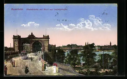 AK Mannheim, Strassenbahn auf der Rheinbrücke, Blick auf Ludwigshafen