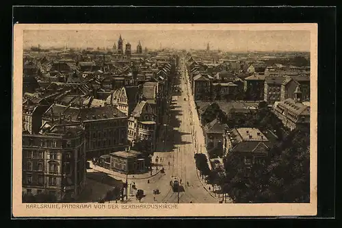 AK Karlsruhe, Panorama von der Bernharduskirche, Strassenpartie mit Strassenbahn