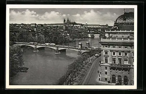 AK Prag, Hradschin und National-Theater, Strassenbahn aus der Vogelschau