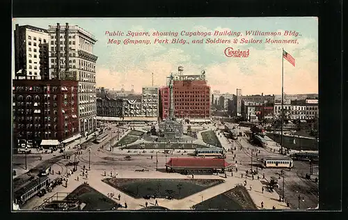 AK Cleveland, OH, Public Square with Tramway, Soldiers & Sailors Monument, Strassenbahn
