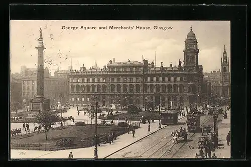 AK Glasgow, George Square and Merchant`s House, Tramway, Strassenbahn