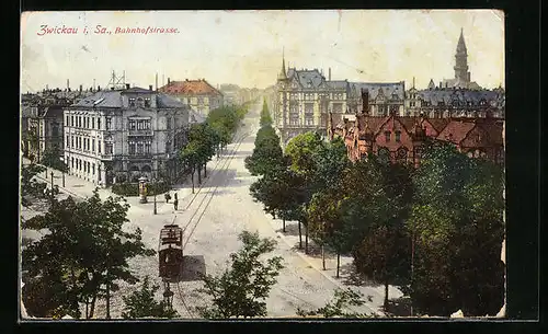 AK Zwickau i. Sa., Strassenbahn in der Bahnhofstrasse