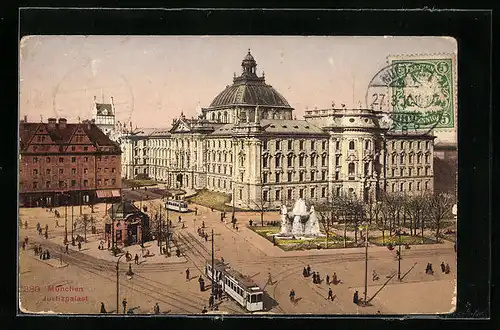 AK München, Strassenbahn am Justizpalast