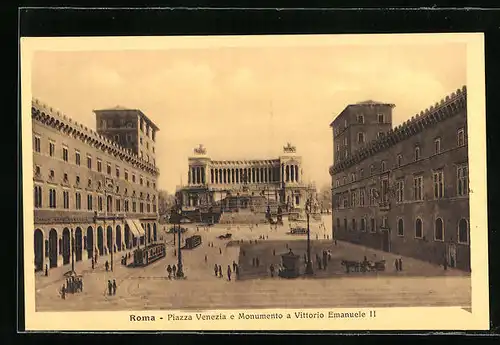 AK Roma, Piazza Venezia e Monumento Vittorio Emanuele II, Strassenbahn