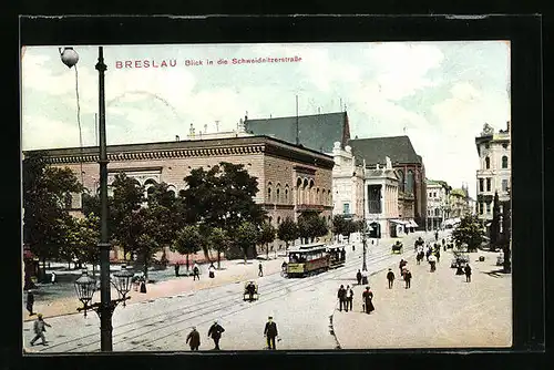 AK Breslau, Strassenbahn in der Schweidnitzerstrasse