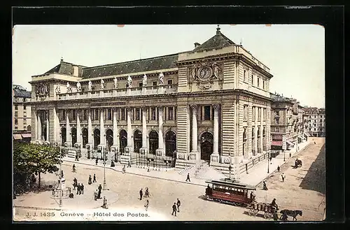 AK Genève, Hotel des Postes, Strassenbahn