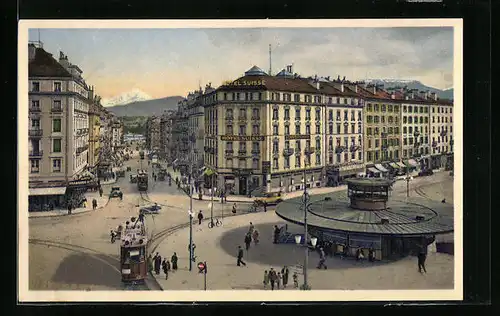 AK Genève, Rue du Mont-Blanc et Place Cornavin, Strassenbahn