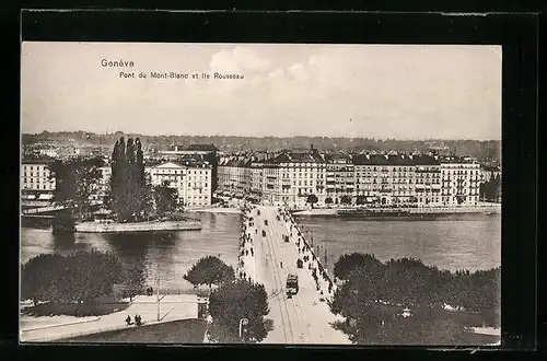 AK Genève, Pont du Mont-Blanc et Ile Rousseau, Strassenbahn