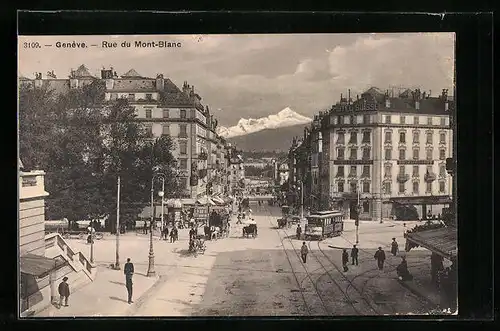 AK Genève, Rue du Mont-Blanc, Strassenbahn