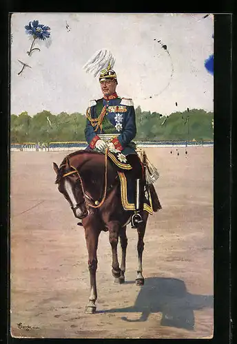 Künstler-AK Friedrich August II. von Sachsen uniformiert auf einem Pferd reitend